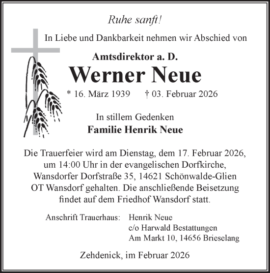 Traueranzeige von Werner Neue von Märkische Oderzeitung