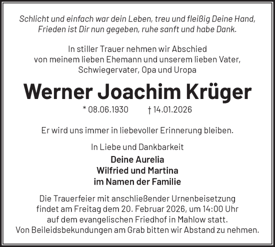 Traueranzeige von Werner Joachim Krüger von Blickpunkt Ludwigsfelde/Zossen