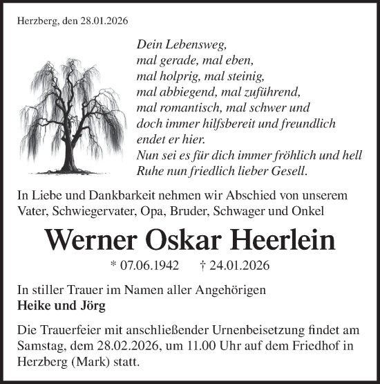 Traueranzeige von Werner Oskar Heerlein von Märkische Oderzeitung