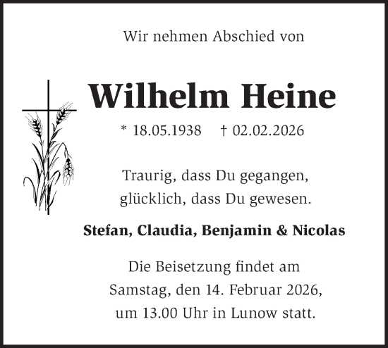 Traueranzeige von Wilhelm Heine von Märkische Oderzeitung