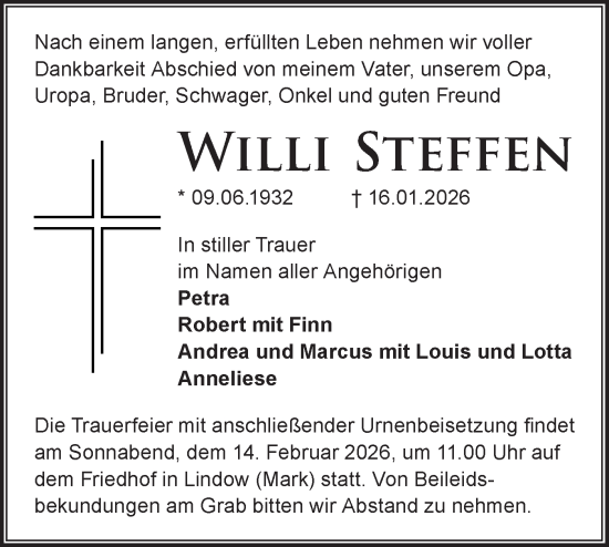 Traueranzeige von Willi Steffen von Märkische Oderzeitung