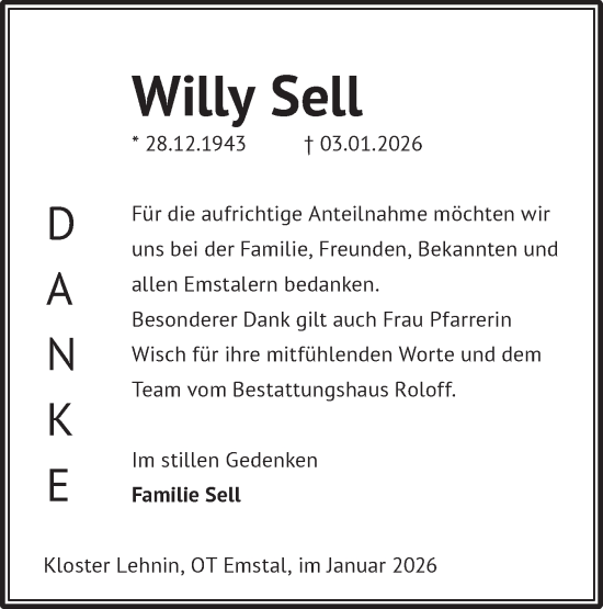 Traueranzeige von Willy Sell von Märkische Oderzeitung