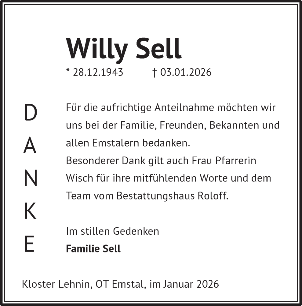  Traueranzeige für Willy Sell vom 14.02.2026 aus Märkische Oderzeitung