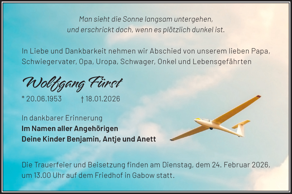  Traueranzeige für Wolfgang Fürst vom 14.02.2026 aus MO Oderld.-Echo