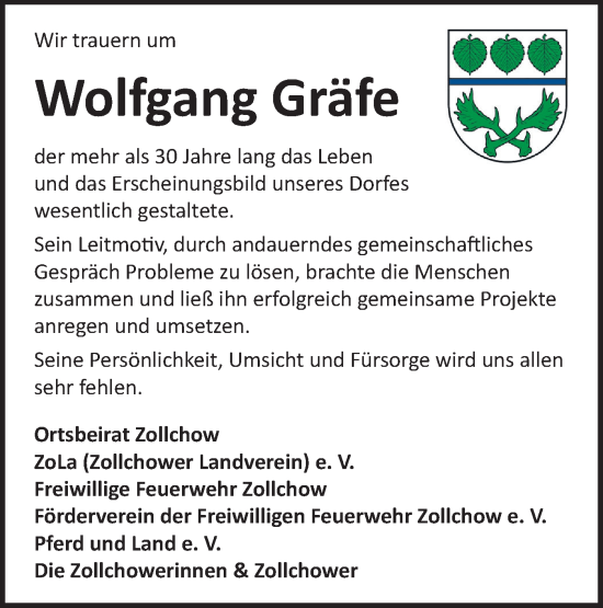 Traueranzeige von Wolfgang Gräfe von Märkische Oderzeitung