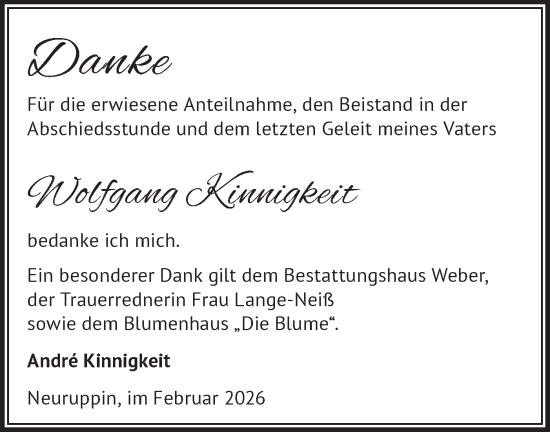 Traueranzeige von Wolfgang Kinnigkeit von Märkische Oderzeitung