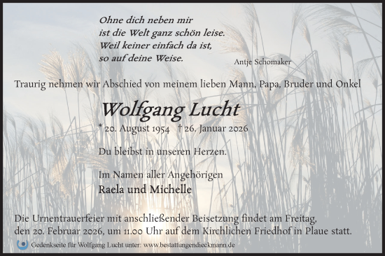 Traueranzeige von Wolfgang Lucht von Märkische Oderzeitung