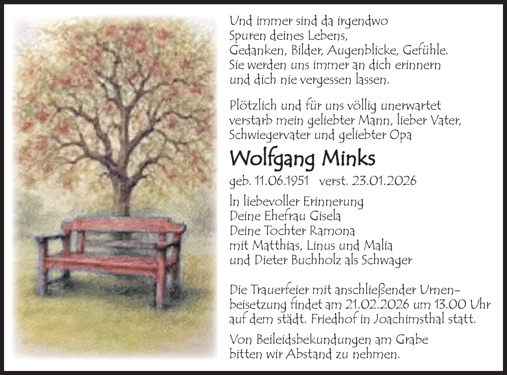  Traueranzeige für Wolfgang Minks vom 06.02.2026 aus Märkische Oderzeitung